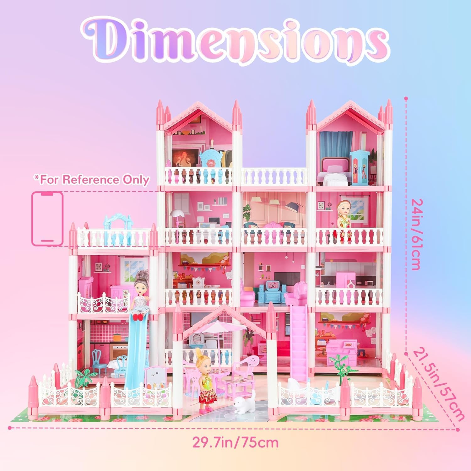 Doll House 4-Story 15 Rooms Playhouse with 3 Dolls, Lights, Furniture and Accessories R44733