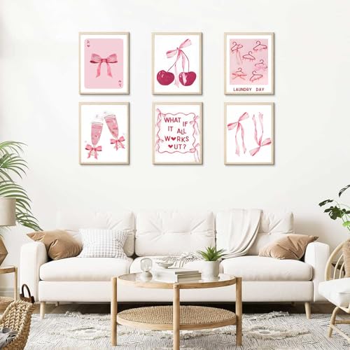 6Pcs Pink Bows Wall Art, Coquette Posters for Room Decor, Unframed 8x10in L544