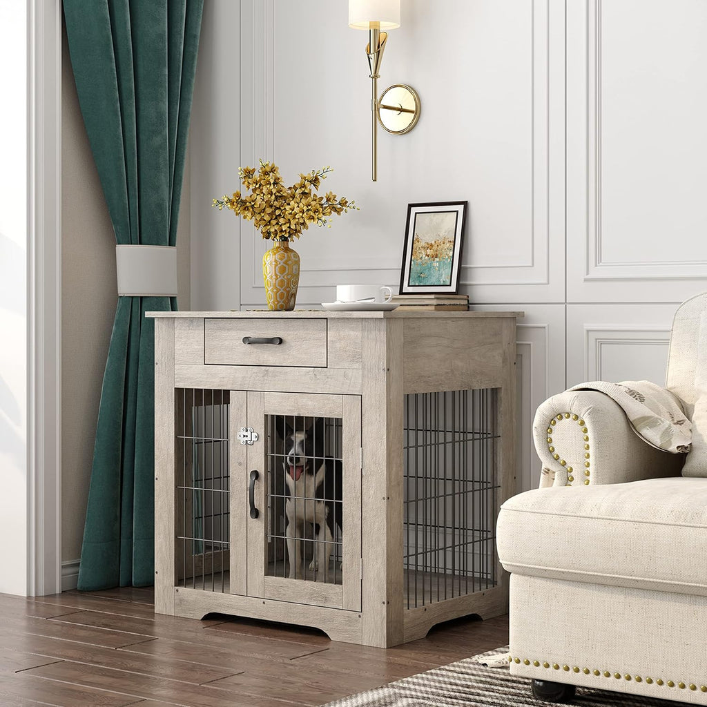 Furniture Style Dog Crate End Table with Drawer, Pet Kennels with Double Doors, Dog House Indoor Use, Dog Kennel for Small, End Table, 29.9'' W x 24.8'' D x 30.71'' H,Gray