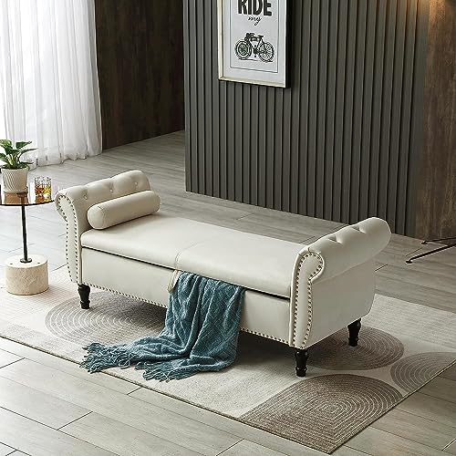 63" Button Tufted Velvet Upholstered Bench & Ottoman W/Storage for Bedroom End of Bed Home Entryway Living Space, Soft Padded Footstool w/Nailhead Decor and Pillow, Grey V