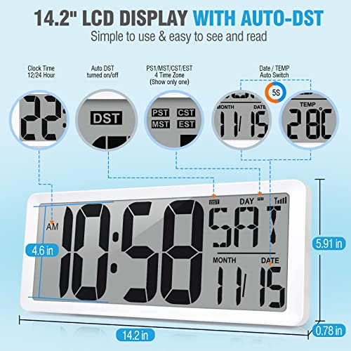 14.2" Digital Atomic Wall Clock Auto Backlight Battery Operated L25405