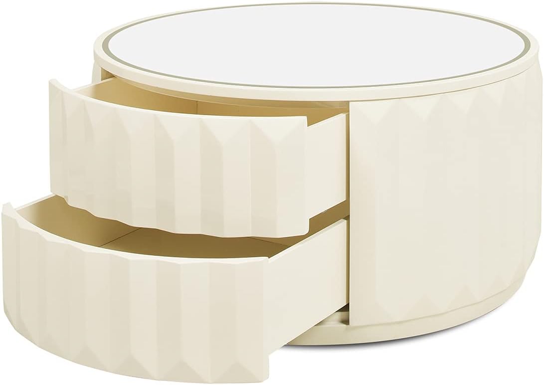 Jennifer Taylor Home JTH LUXE Wilson 35.5" Round Storage Coffee Table, White Lacquer Birchwood A9045