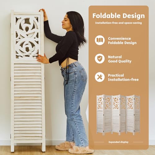 Folding Room Divider 6 Panels Wood Carved Privacy Screen White-Washed D48058