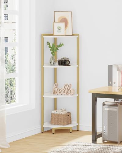 4-Tier White Gold Corner Bookshelf with Metal Frame R918