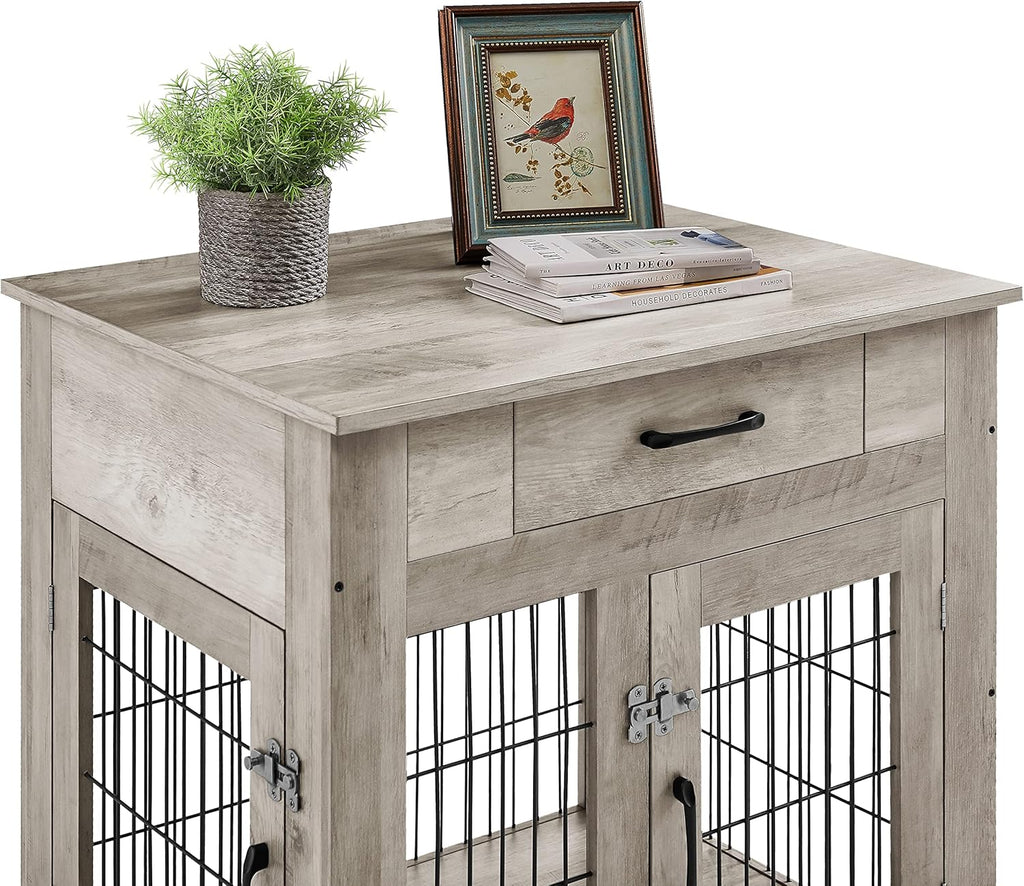 Furniture Style Dog Crate End Table with Drawer, Double Doors, Gray A21004
