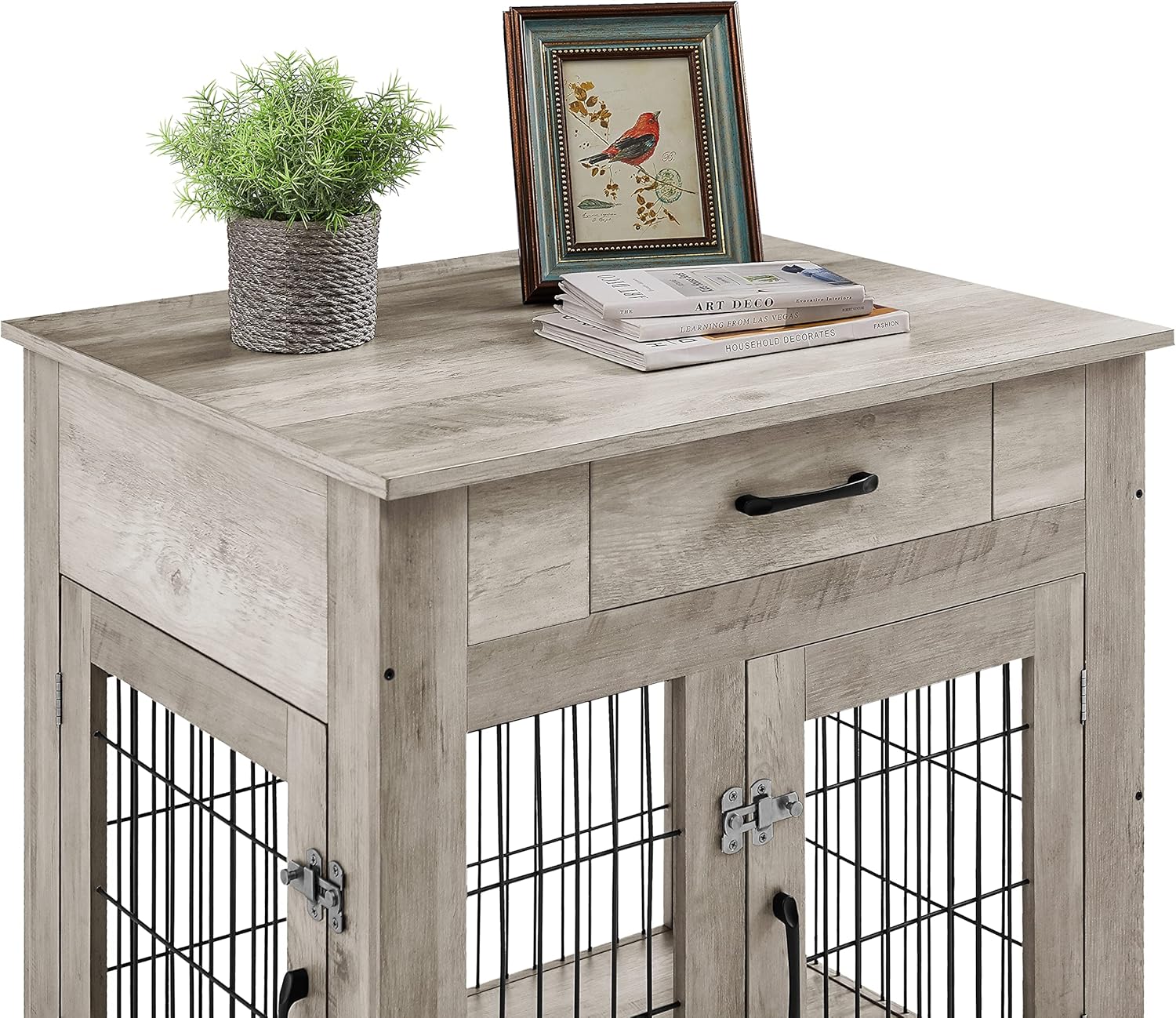 Furniture Style Dog Crate End Table with Drawer, Double Doors, Gray A21004