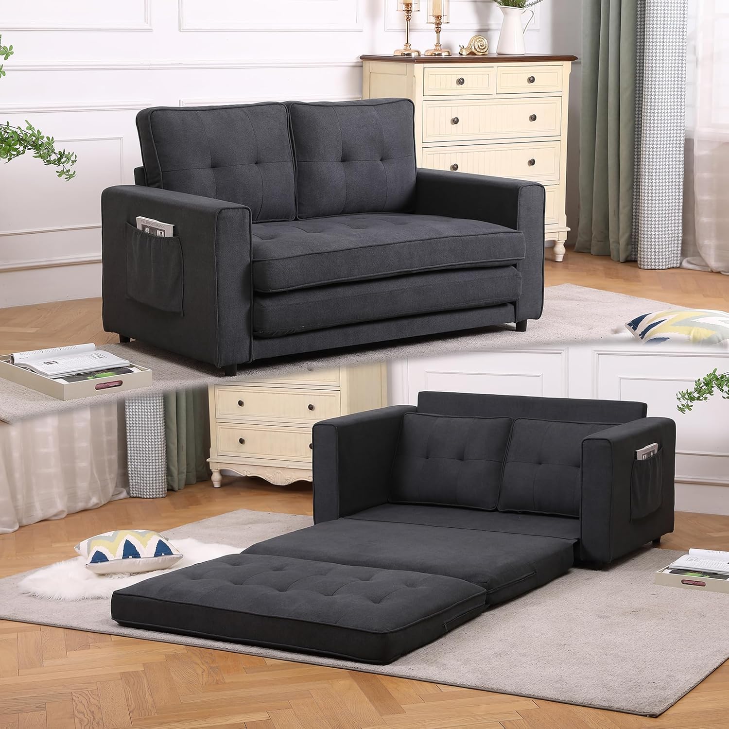 CITYLIGHT 3 in 1 Folding Sofa Bed with 2 Storage Pockets, Linen Convertible Foldable Couch Bed, Loveseat Sleeper Sofa, Folding Couch Bed for Small Spaces, Couches for Living Room, Apartment,Dark Gray