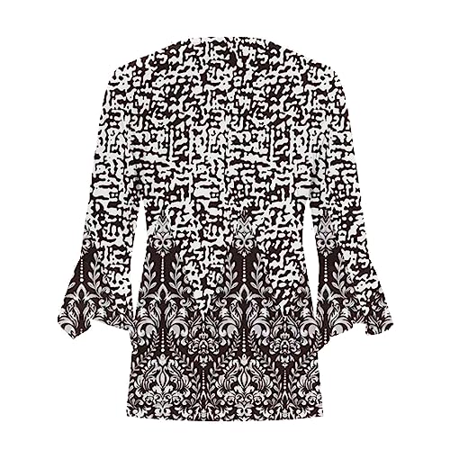 Women's 3/4 Sleeve Bell V Neck Graphic Button Pleated Blouse K8365