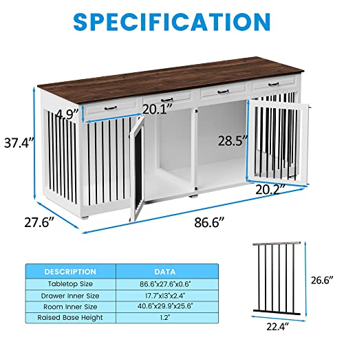 Large Dog Crate Furniture 86.6 Inch Wooden Kennel with Drawers & Divider, White E22647
