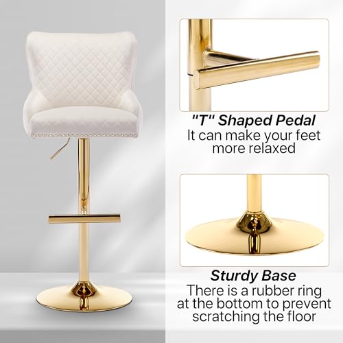 Velvet Barstools Set of 2, Counter Height Adjustable Swivel with Golden Lion Head Ring, Beige C6486