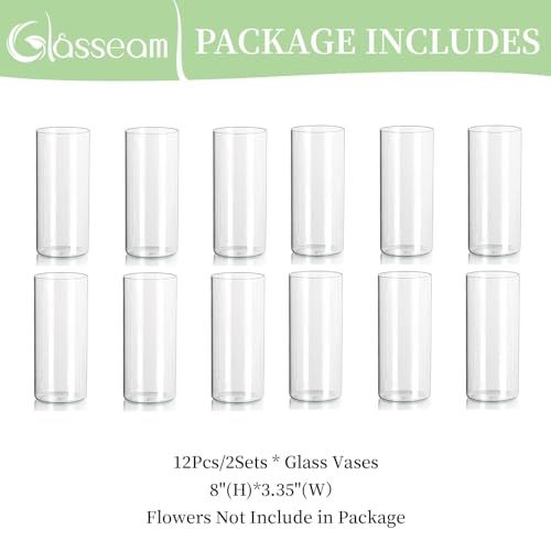 Glasseam Glass Cylinder Vases for Centerpieces, Small Clear Flower Vase Set of 12, 6in Z467