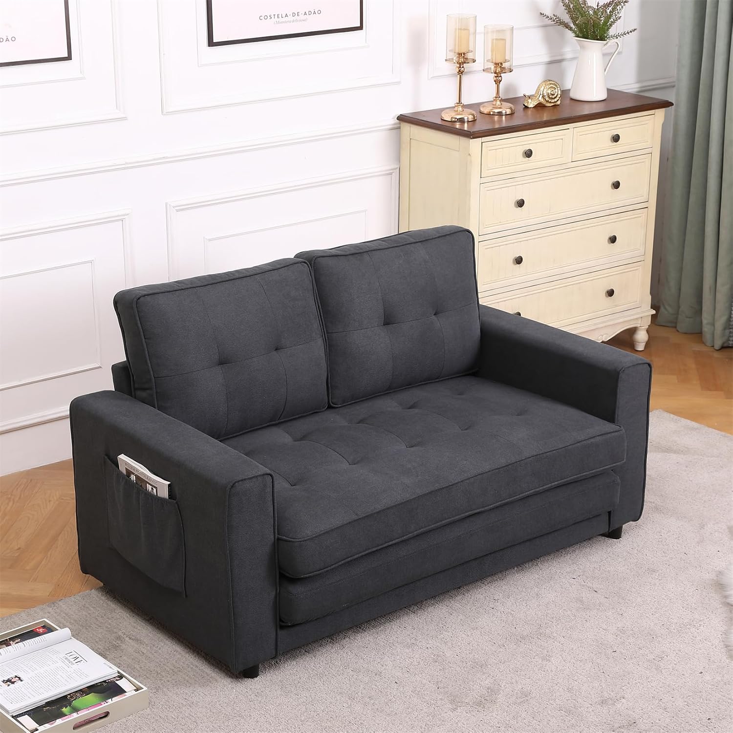 CITYLIGHT 3 in 1 Folding Sofa Bed with Storage Pockets, Linen Convertible Couch, Dark Gray D3261