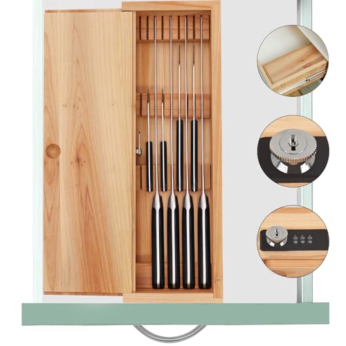 Kitchen Knife Storage Box with Lock - Kids Safe In Drawer Knife Block, Wooden Sharp Knives Holder & Organizer, Multi Purpose Knife Lock Box, Knife Storage Alternative (Knives Not Included)