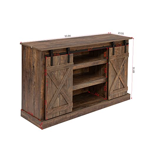Yoglad Wooden Farmhouse TV Stand with Sliding Barn Doors, 53.9 Inch Entertainment Center D60898