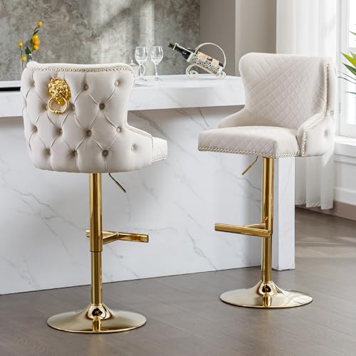 Velvet Barstools Set of 2, Counter Height Adjustable Swivel with Golden Lion Head Ring, Beige C6486