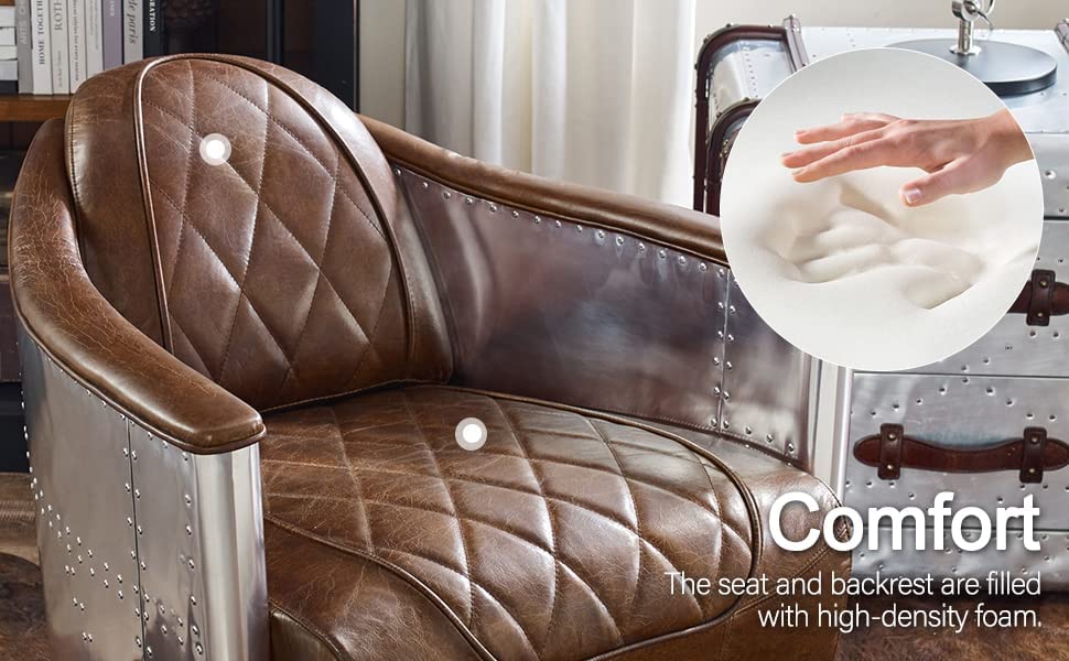 Volans Mid Century Modern Genuine Leather Accent Arm Chair, Lightbrown N2054