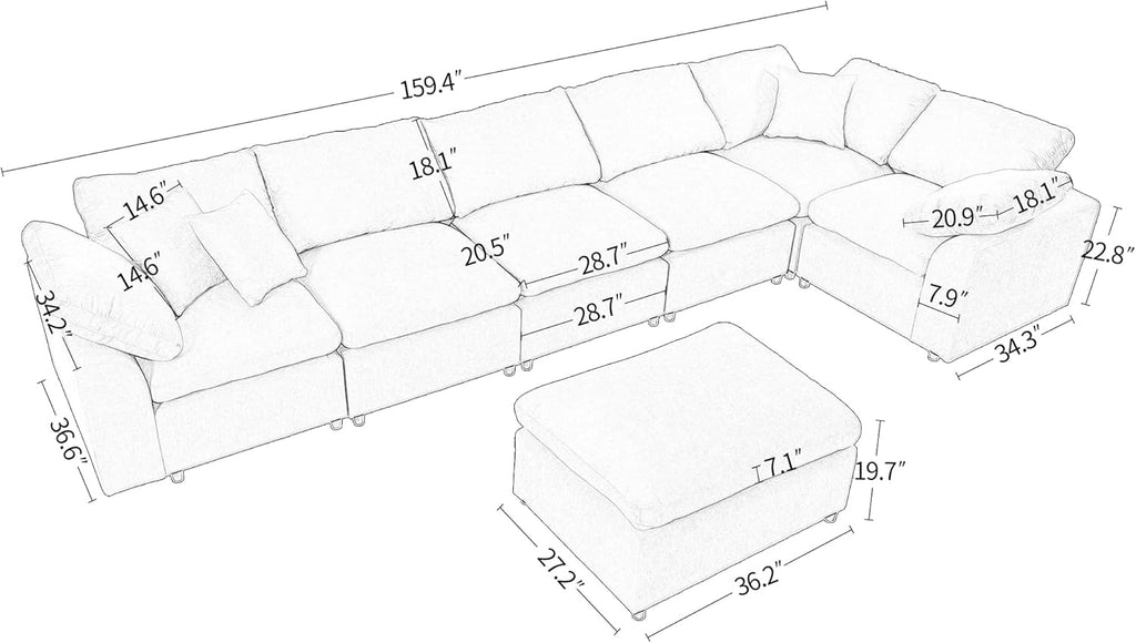 Deep Seat Convertible Modular Sectional Sofa with Movable Ottoman, 7 Seater Polyester Upholstery H8701