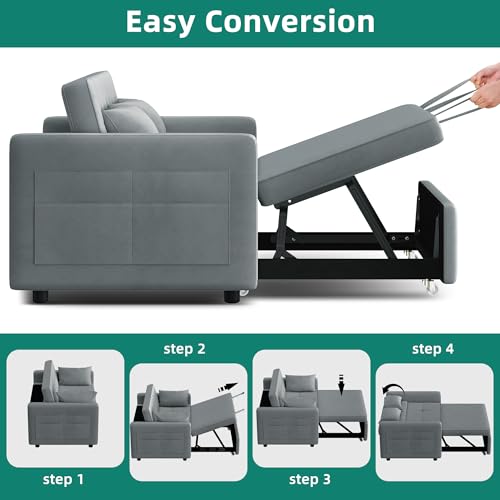 YITAHOME 55" Convertible Sofa Bed, 3-in-1 Sleeper Sofa, Velvet Futon Couch, Grey Z8630