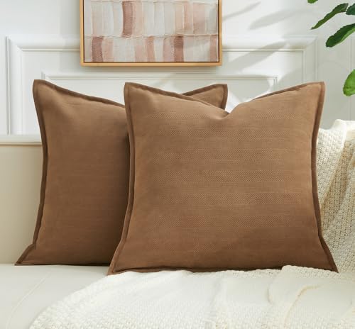 Throw Pillow Covers Neutral Khaki Set of 2 18x18 Inch Chenille Farmhouse Cushion Covers Q504