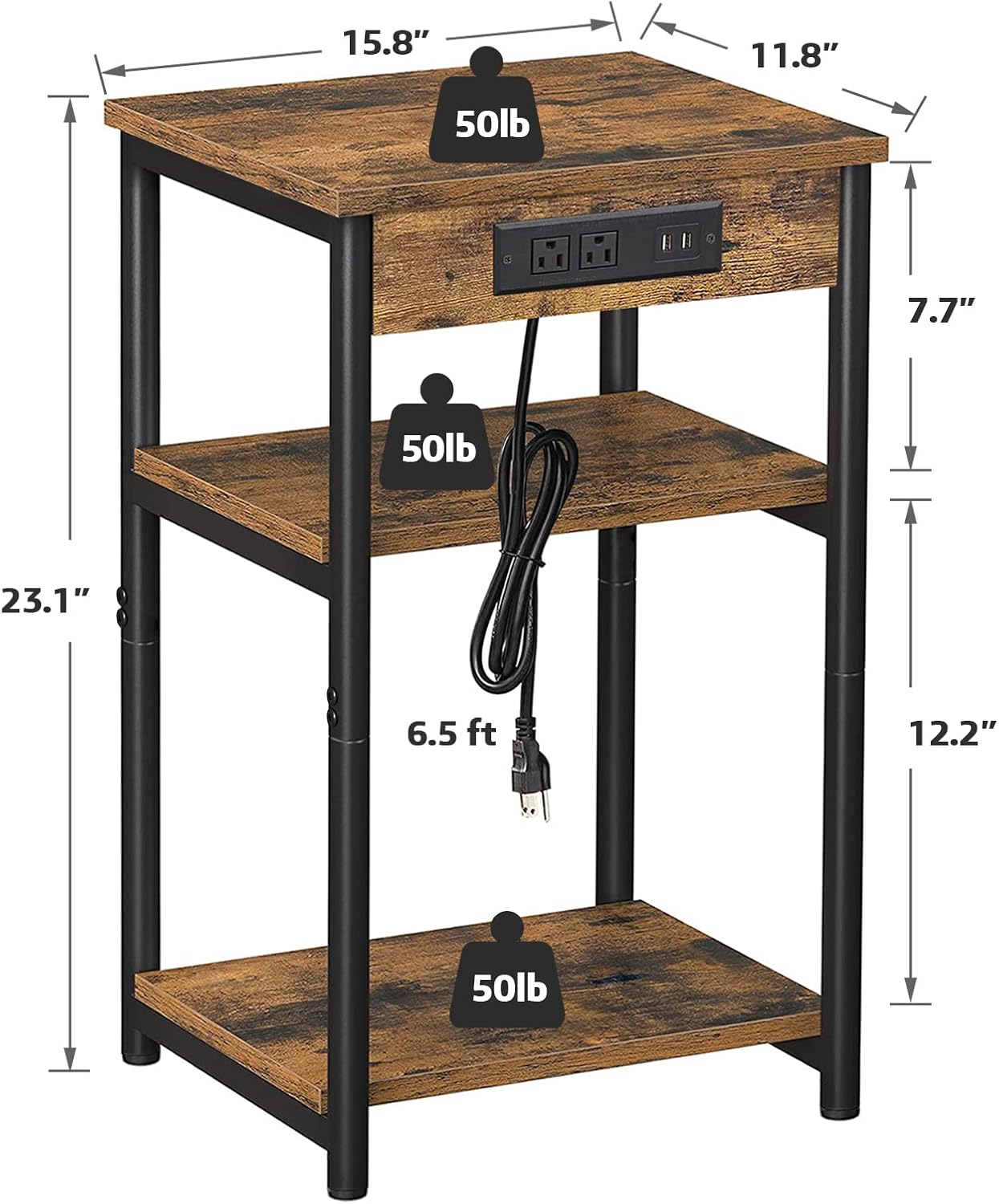 TUTOTAK End Table with Charging Station, 3-Tier Storage Shelf R41158