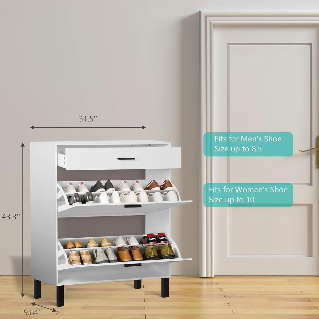 Slim Shoe Cabinet with 2 Flip Drawers White Wooden Storage for Entryway T152