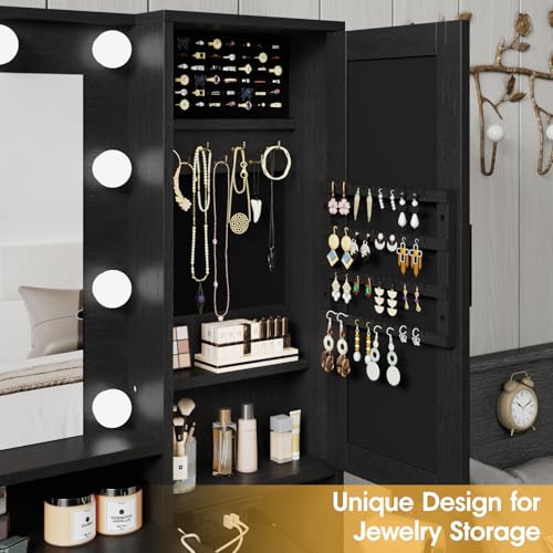Fameill Vanity Desk with Mirror and Lights, Makeup Table with Chair and Outlet, White O781