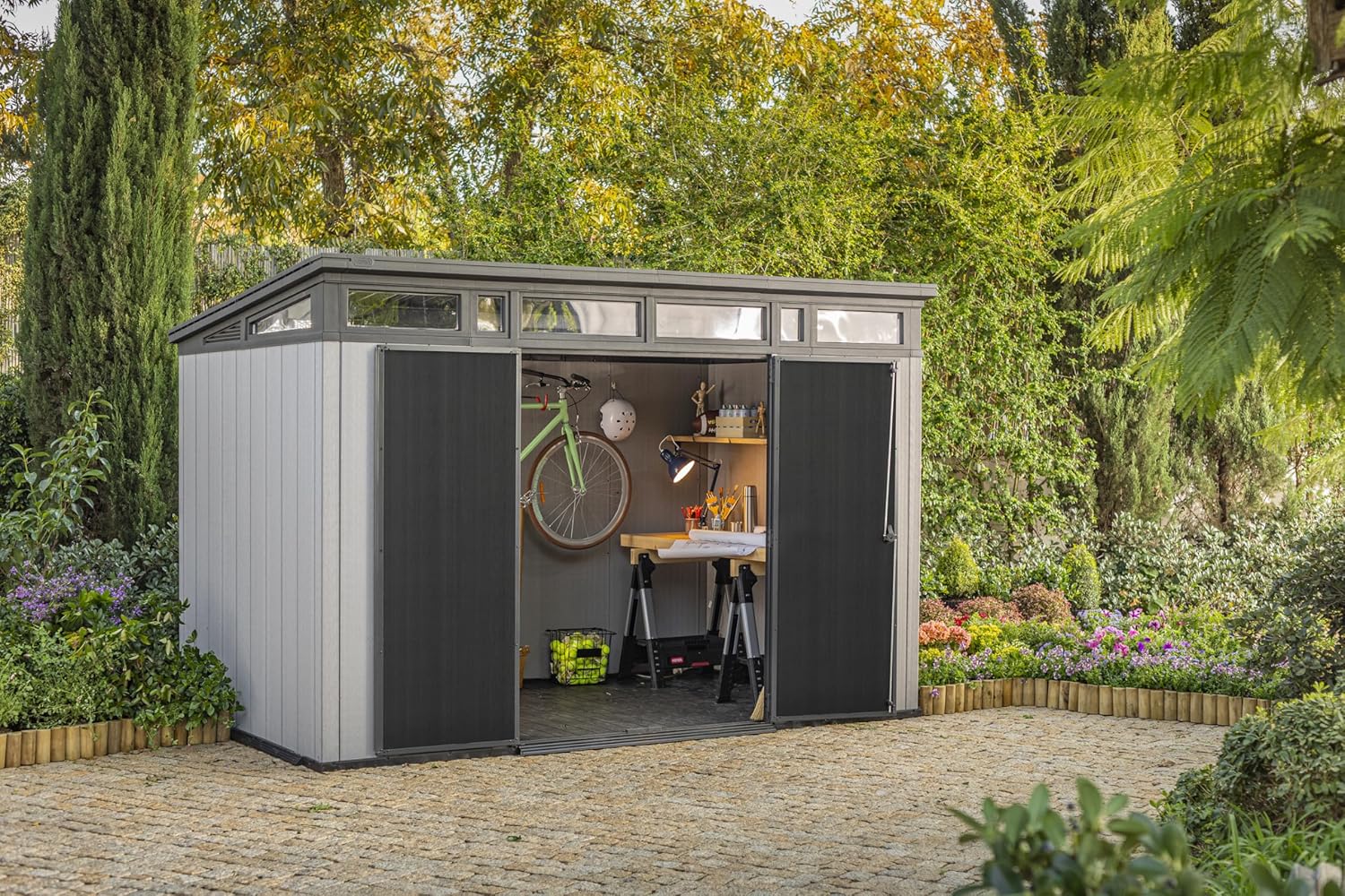 Keter Artisan 11x7 Resin Outdoor Storage Shed, Grey & Black A705