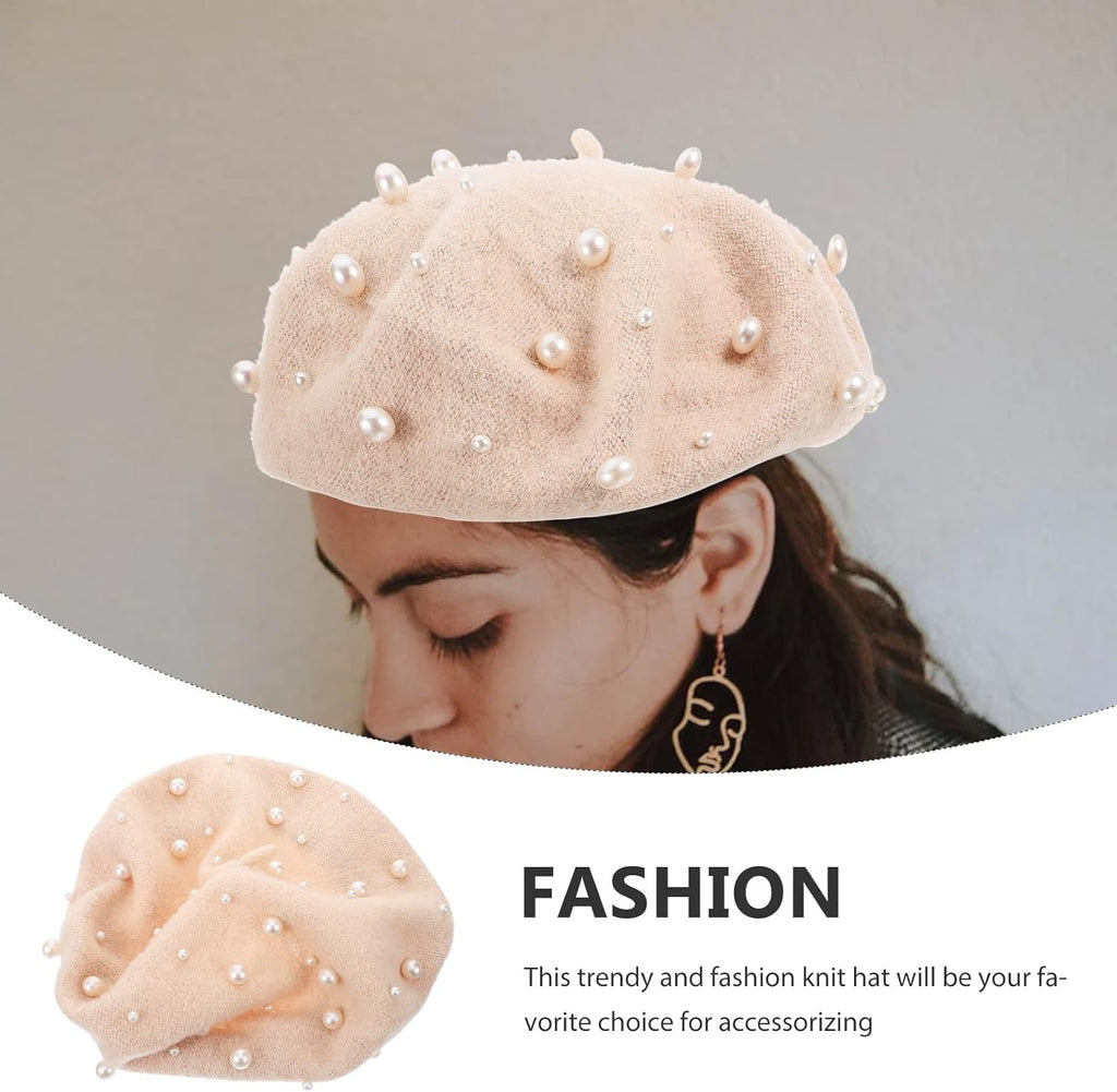 Beret Pearl Autumn Winter Cashmere Starry Beaded Wool Beret Beige V148989