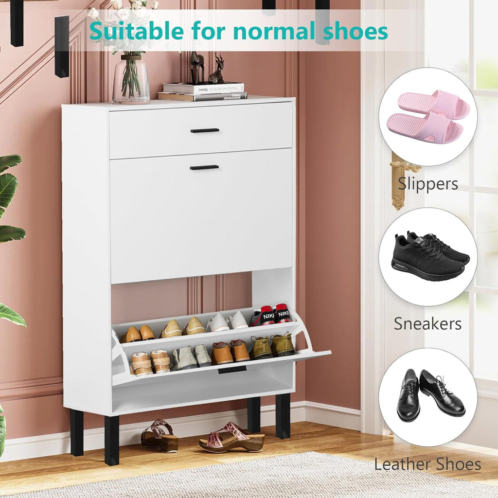 Slim Shoe Cabinet with 2 Flip Drawers White Wooden Storage for Entryway T152
