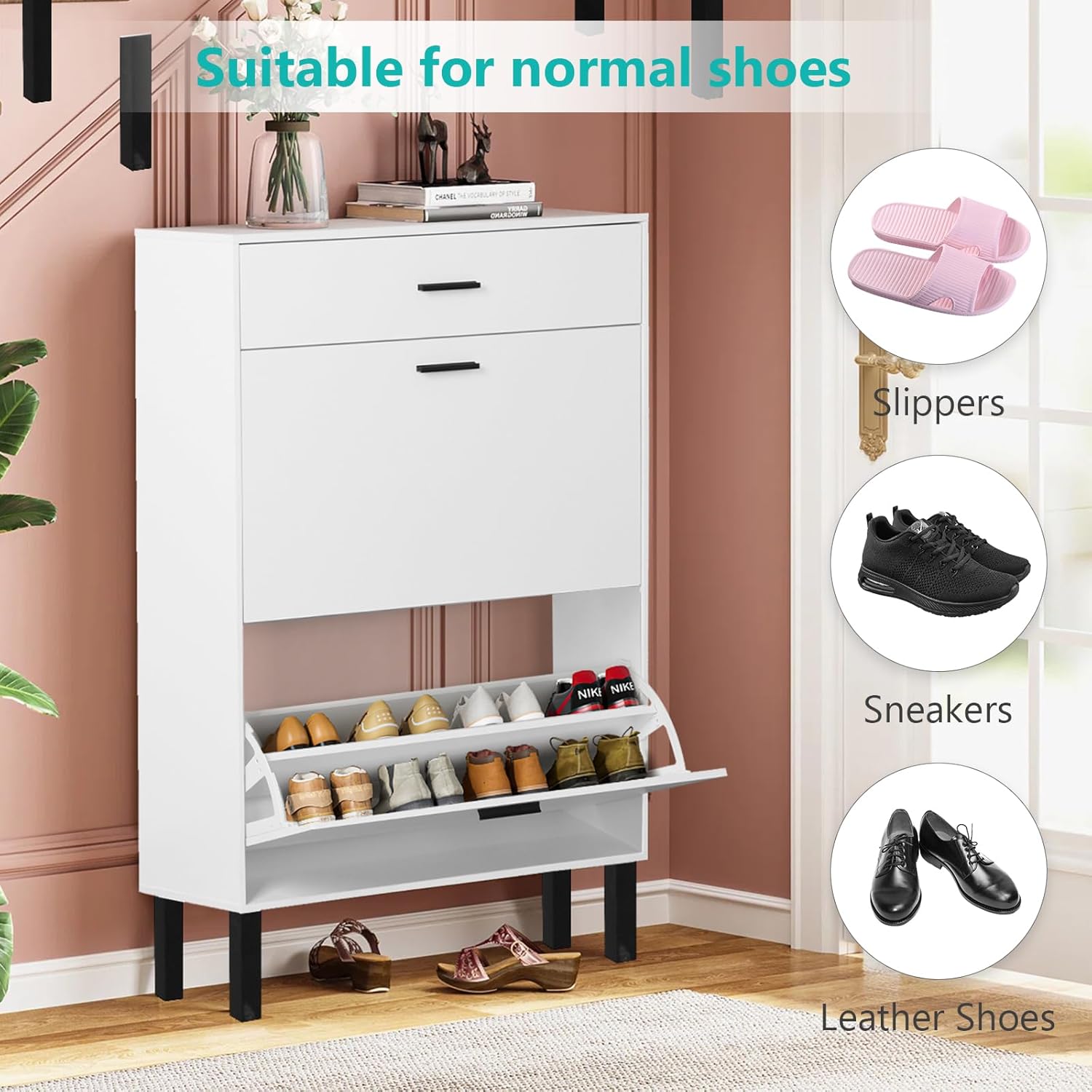 Slim Shoe Cabinet with 2 Flip Drawers White Wooden Storage for Entryway T152