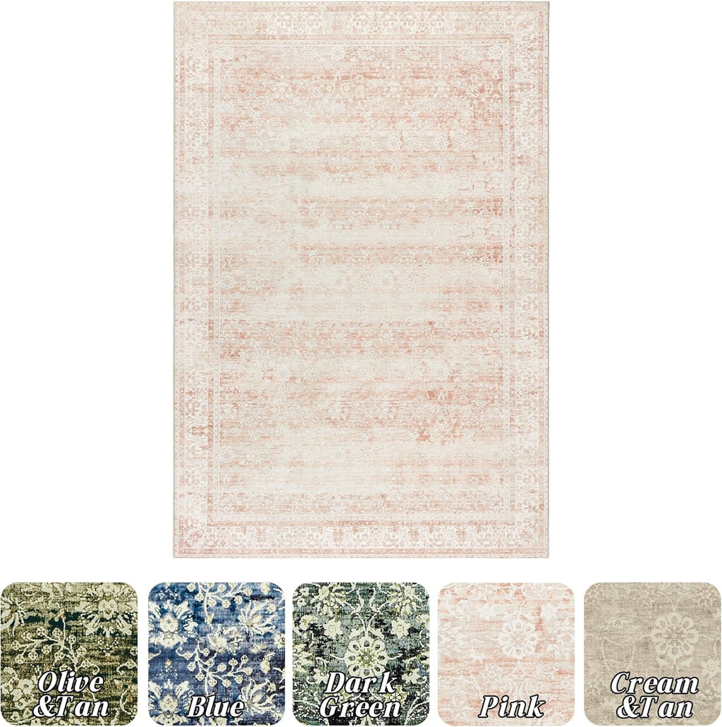 Boho Pink Floral Washable 2x3 Throw Rug S560