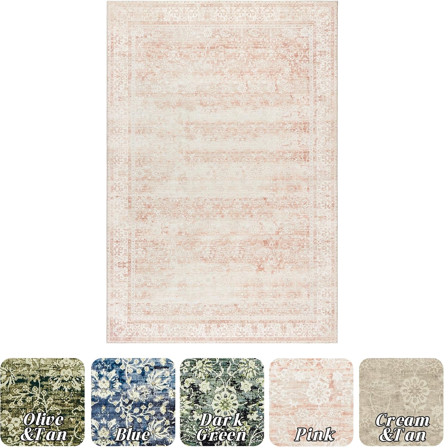 Boho Pink Floral Washable 2x3 Throw Rug S560