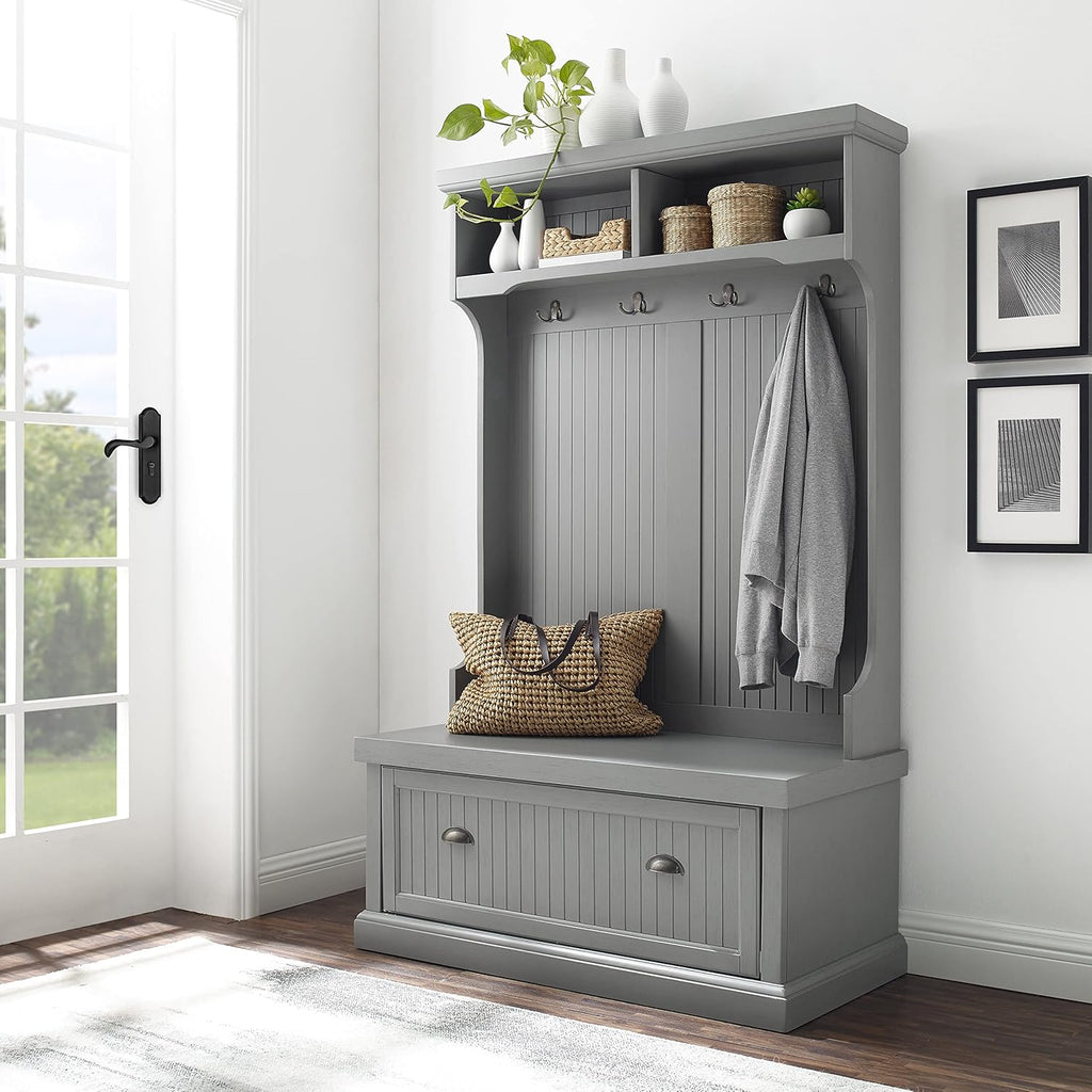 Crosley Furniture Seaside Hall Tree with Coat Rack and Shoe Cabinet, Distressed Gray B83567