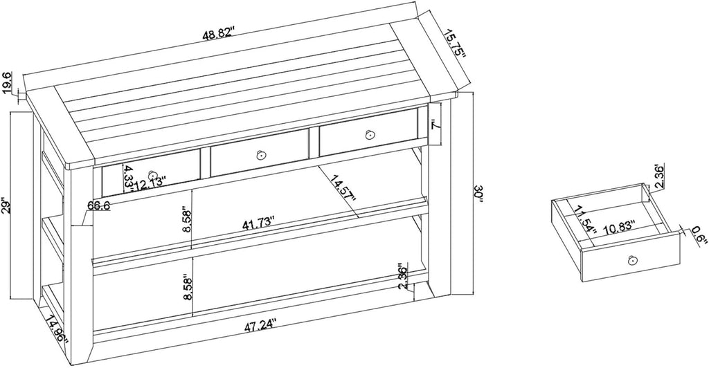 Knocbel Long Console Table with 3 Storage Drawers and Double Bottom Open Shelves, Brown D377