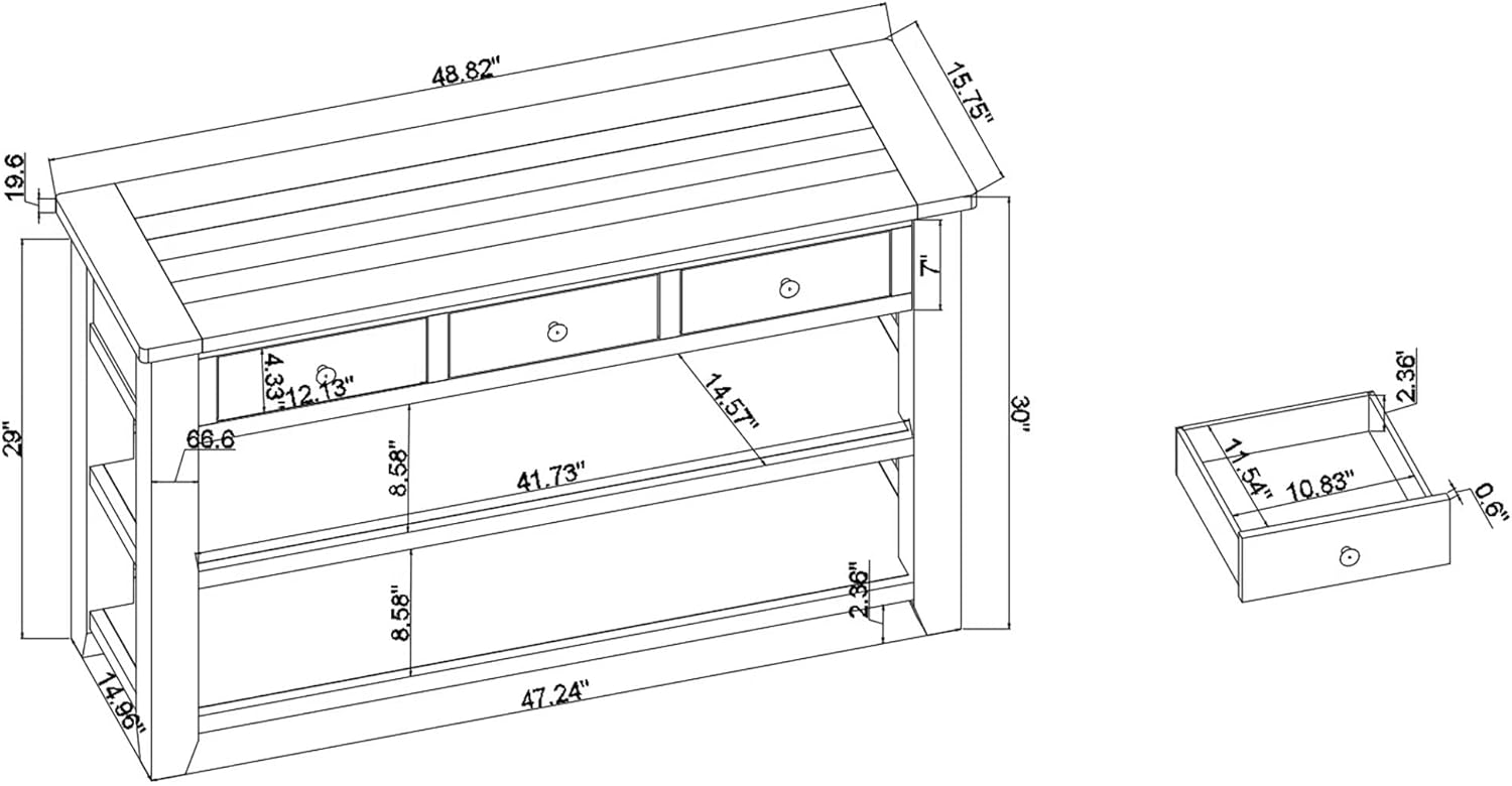 Knocbel Long Console Table with 3 Storage Drawers and Double Bottom Open Shelves, Brown D377