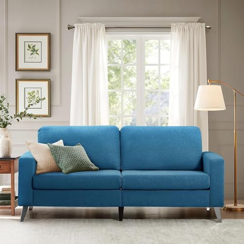 Esright Faux Leather Sofa Couch 79" Wide, Mid Century Modern, Navy Blue I160929