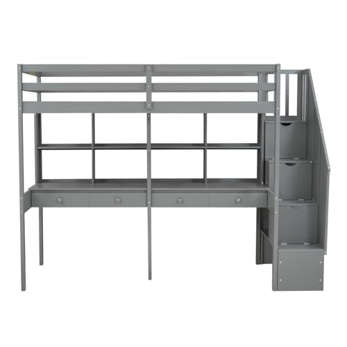 Full Size Loft Bed with Desk, Wardrobe and Storage Drawers, Gray N7914