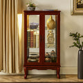 Lighted Wooden Corner Display Curio Cabinet, Curved Shelving Unit with Adjustable Shelves and Mirrored Back Panel, Tempered Glass Doors for Bedroom, Living Room (Oak, Corner Shape)