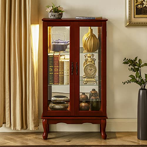 Lighted Wooden Corner Display Curio Cabinet, Curved Shelving Unit with Adjustable Shelves and Mirrored Back Panel, Tempered Glass Doors for Bedroom, Living Room (Oak, Corner Shape)