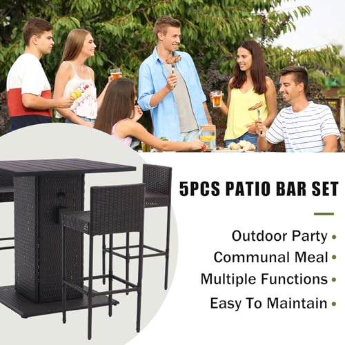 5-Piece Outdoor Wicker Bar Set with Stools (Grey) H9492