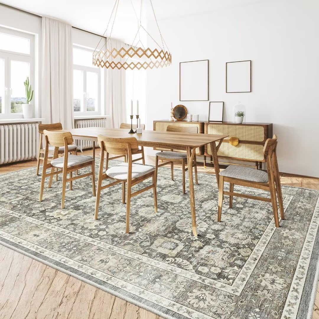 HOMFINE Vintage Floral Area Rug 9'x12' Non Slip Grey K3977