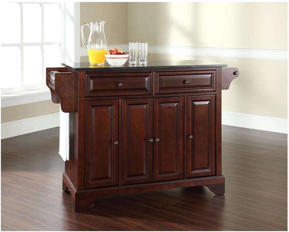 Rustic Retreat Granite Top Full Size Kitchen Island, Portable Design, White/Black J90545