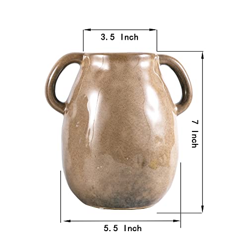 Brown Ceramic Vase with Big Handles for Home Decor U7056