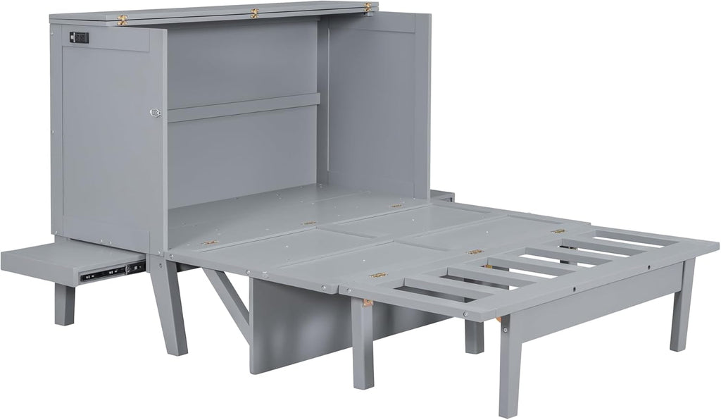 Full Size Murphy Wall Bed with Cabinet and USB Port, Gray E415639