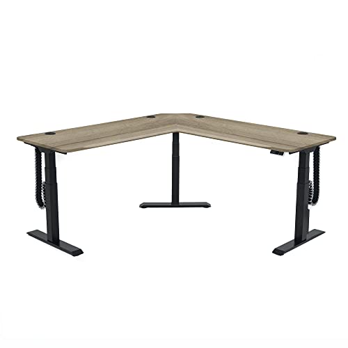Electric Sit to Stand L-Shape 3-Leg Corner Desk - 72" L x 72" R - 4 Memory Settings - Ergonomic Front Edge - American Oak