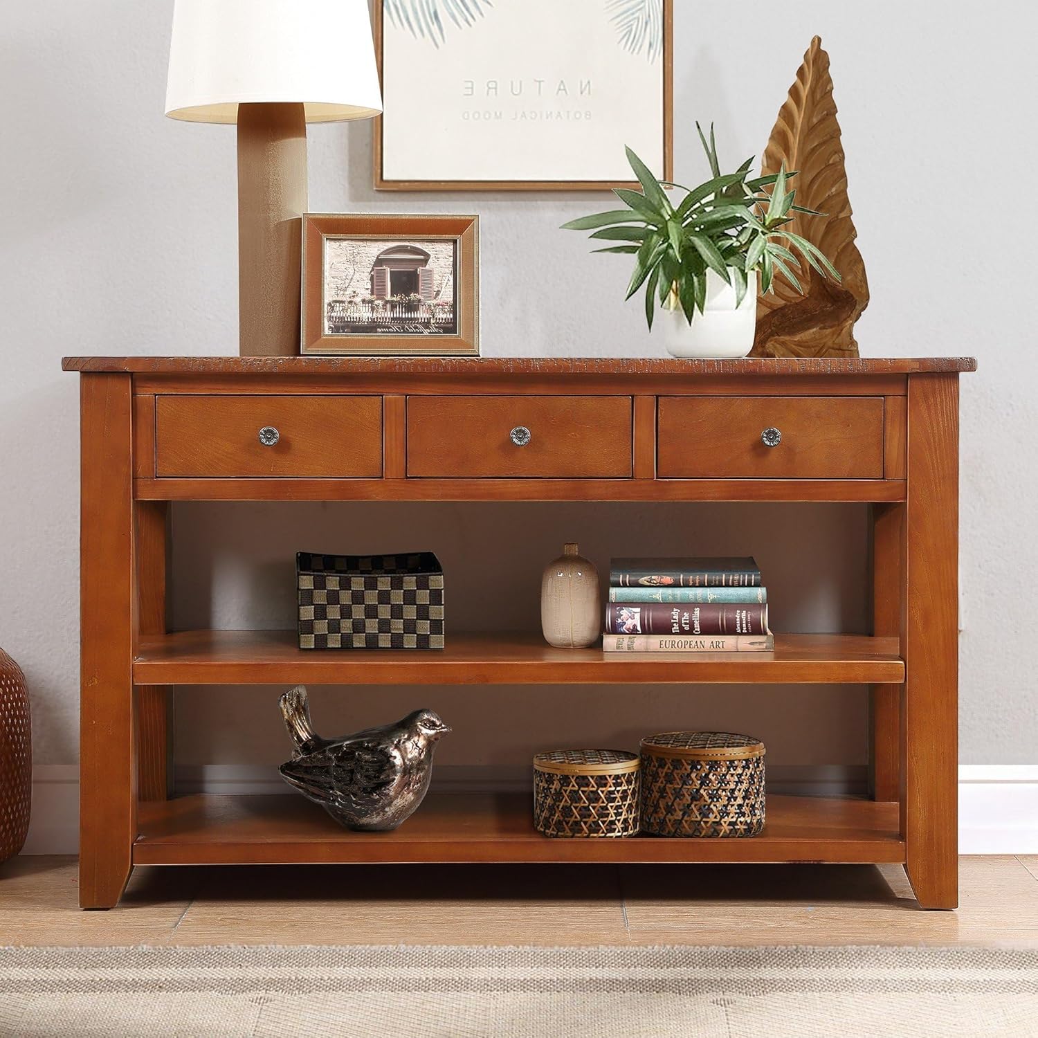 Knocbel Long Console Table with 3 Storage Drawers and Double Bottom Open Shelves, Brown D377