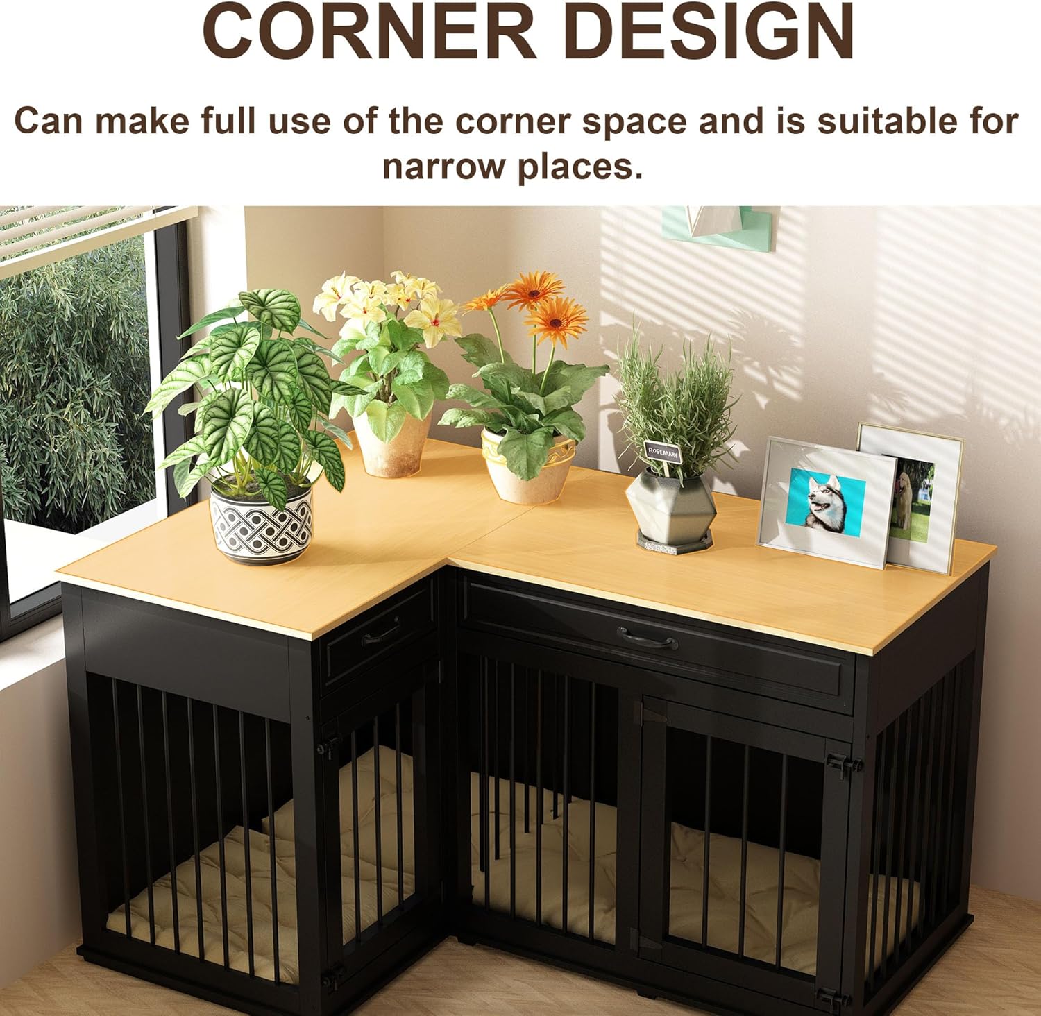 Large Corner Dog Crate Furniture for 2 Dogs, 51" Wooden Kennel with Double Rooms, Black A4644