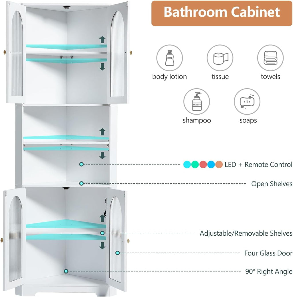 Corner Cabinet with 4 Glass Doors & LED, White Storage Cabinet with 6 Shelves X635813