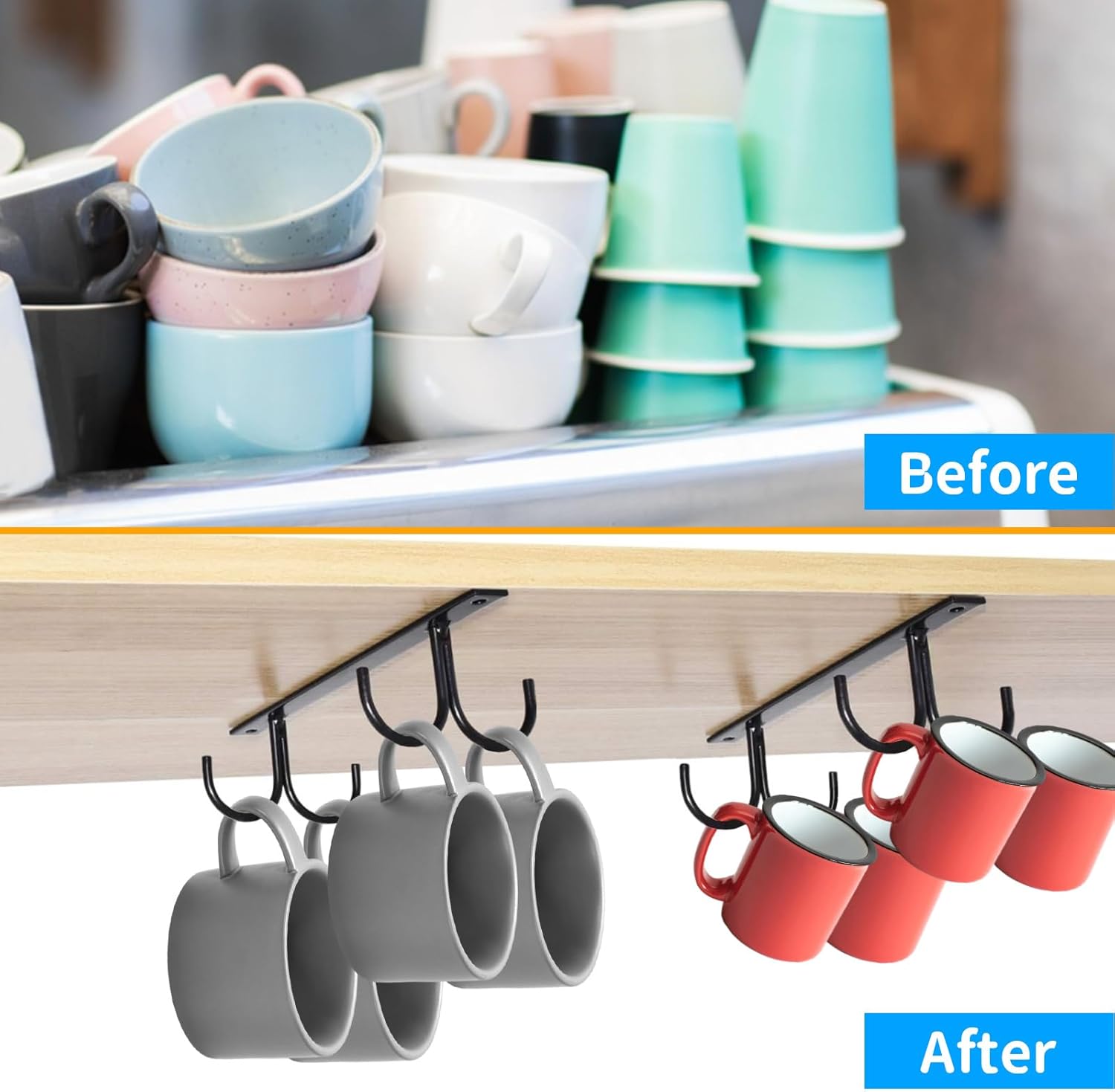 6 Pack Under Cabinet Mug Rack with 24 Hooks, Black Y97680