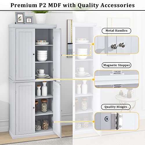 Kitchen Pantry Cabinet, 72.4-inch Tall Storage Cabinet with 4 Doors, White O355557